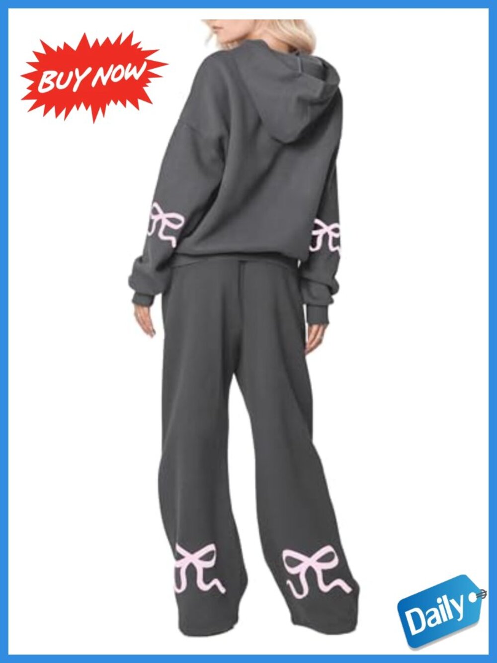 Women's Bow Print Long Sleeve Hoodie & Wide Leg Pants Cotton Blend 2 Piece
